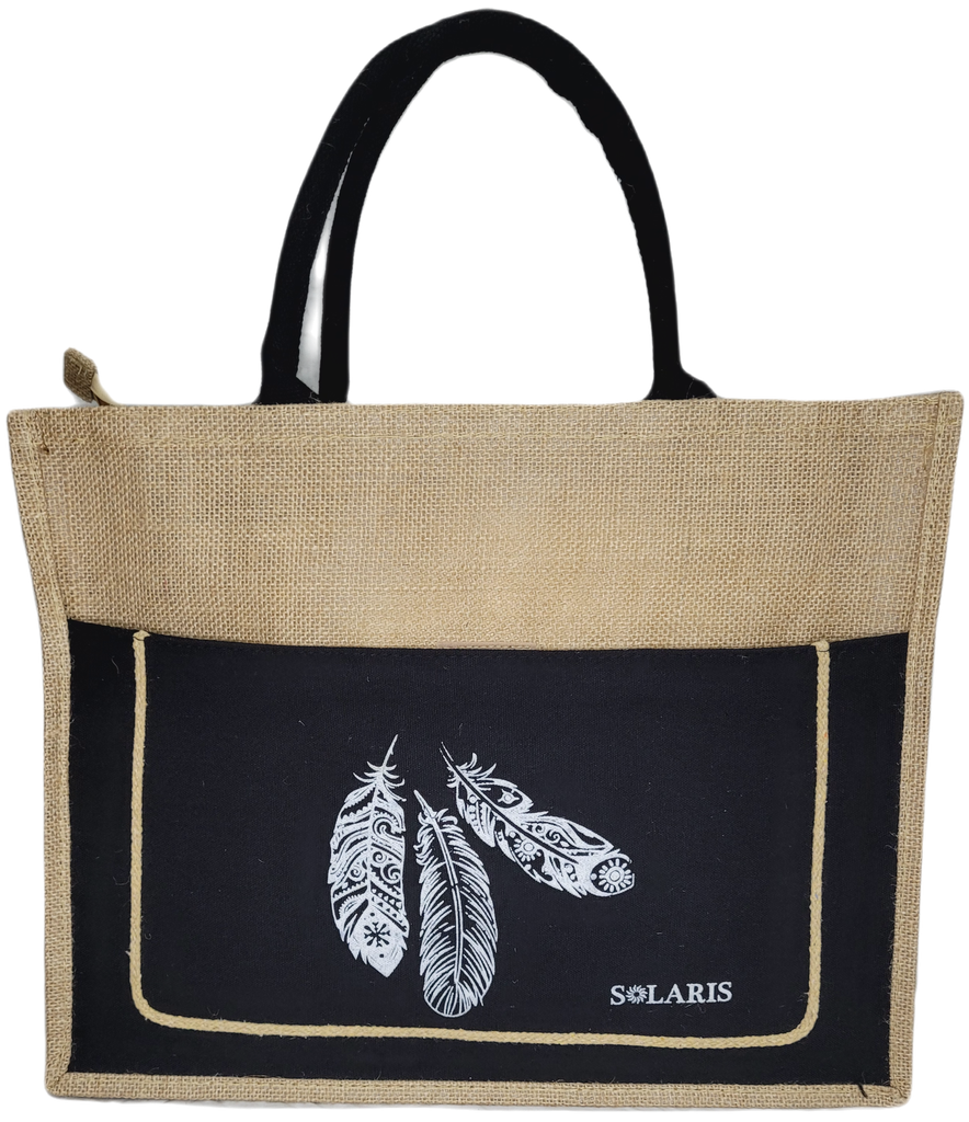 Bolso de yute con bolsillo y zipper plumas