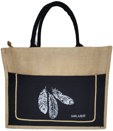 Bolso de yute con bolsillo y zipper plumas